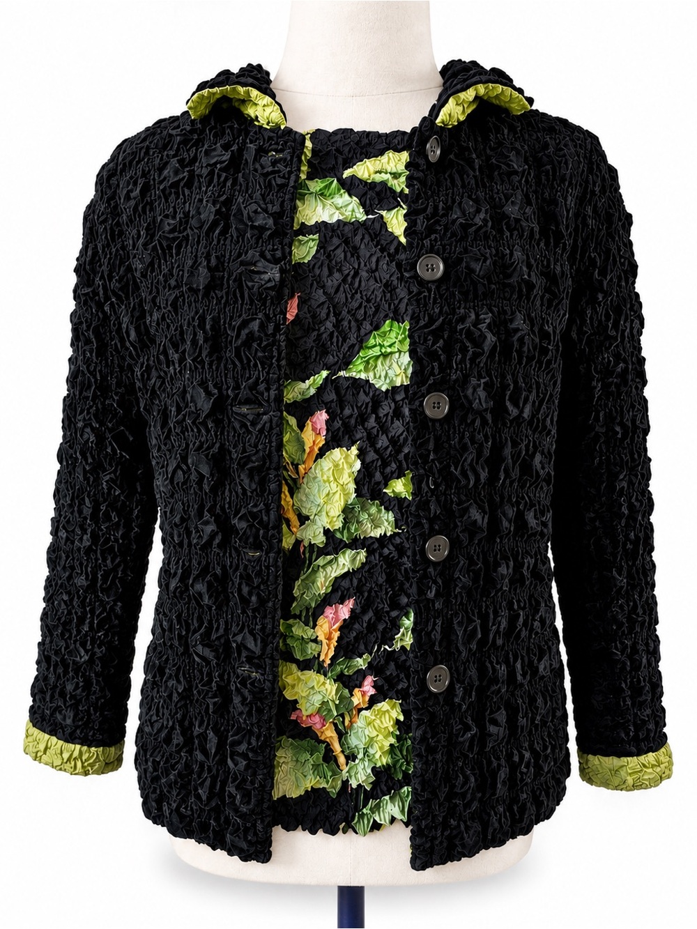 Vintage 90s Crinkle 2 Piece Floral Black Jacket Textured Boho Artsy UBU green
